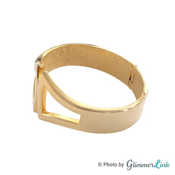 Vintage Modernist Gold Tone Statement Bracelet Geometric Hinged Bangle 6 3/4" - Picture 3 of 9